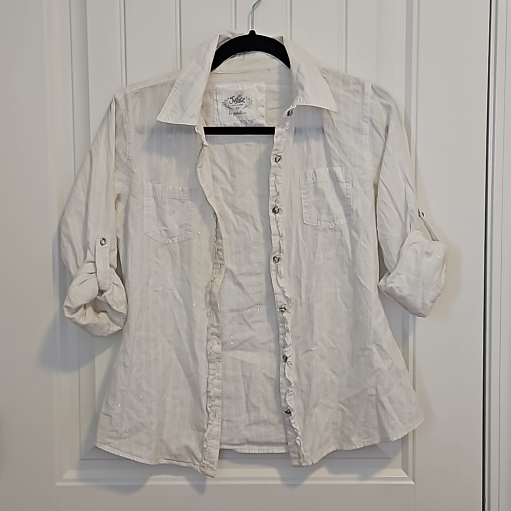 White Justice Button Down With Silver Stripes  Girls Size 16